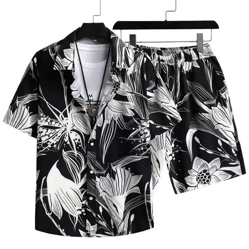 Men's digital print cardigan suit set with short sleeve shirt and matching shorts