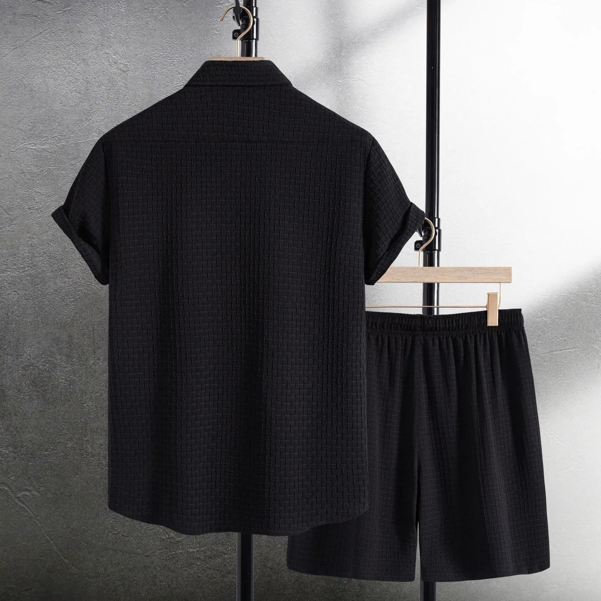 Men's black cotton blend shirt and shorts casual set laid flat