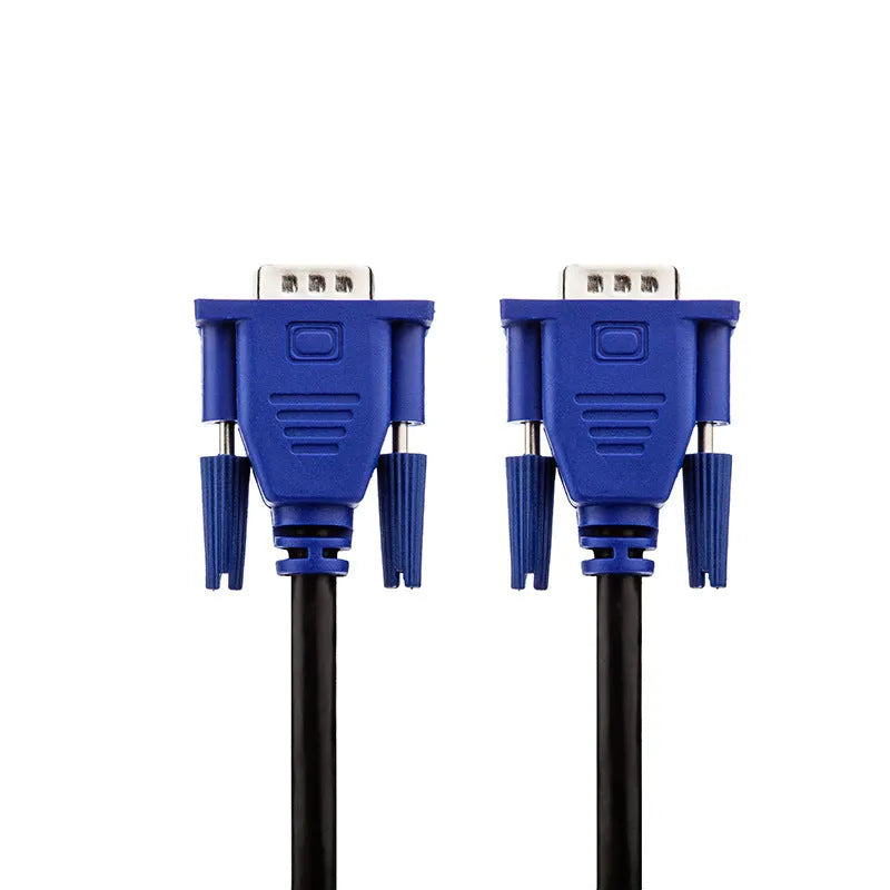 Black VGA cable with blue moulded connectors and nickel-plated terminals for computer monitor connections