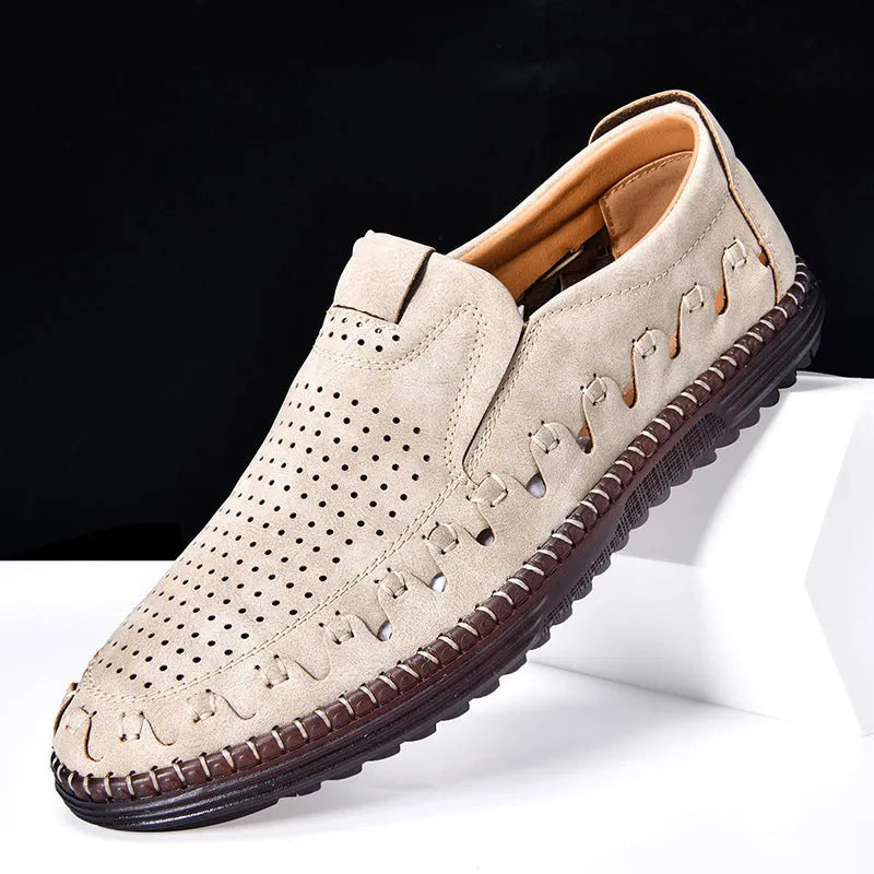 Men's brown slip-on casual shoes with round toe, low-top design, and visible sewn sole