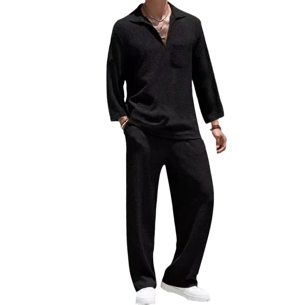Men's casual polyester shirt and trousers commuter suit in four colour options for autumn leisure wear