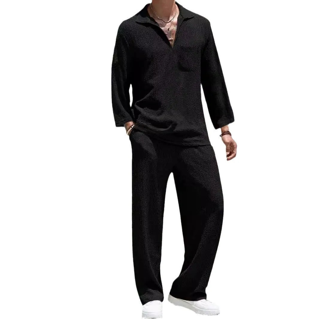 Men's casual polyester shirt and trousers commuter suit in four colour options for autumn leisure wear