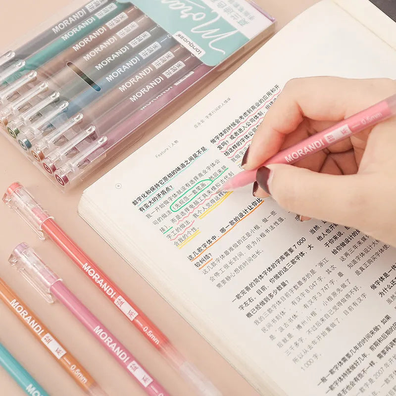 Set of nine colourful retro-style gel pens with 0.5mm needle tips, arranged in Nordic, Salt, Sweet, and Retro designs.