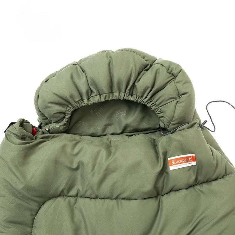 Outdoor camping cotton sleeping bag quilt in ochre or olive green colour showing quilt-style design