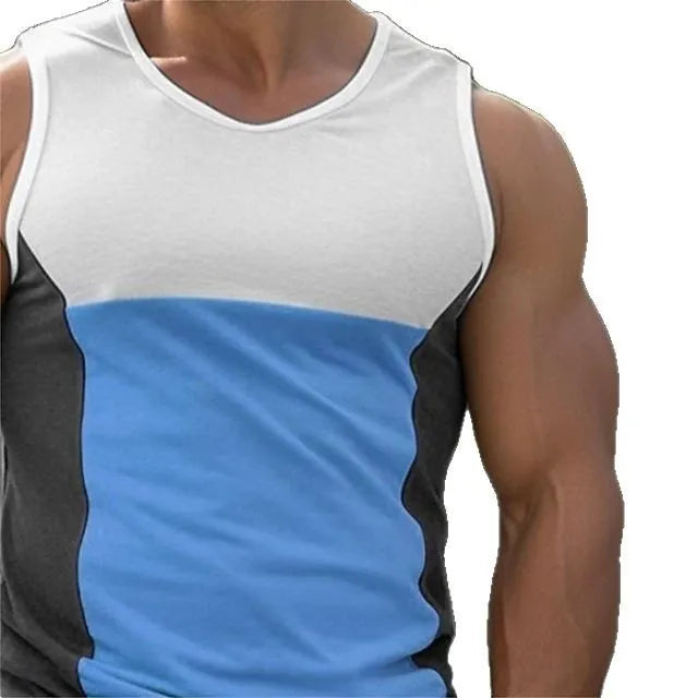 Men's blue cotton blend sports running vest with contrast colour panels on a manikin.