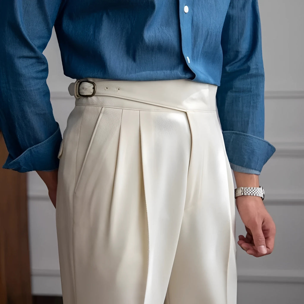 Men's high waist straight leg casual trousers in black, brown, khaki, or white.