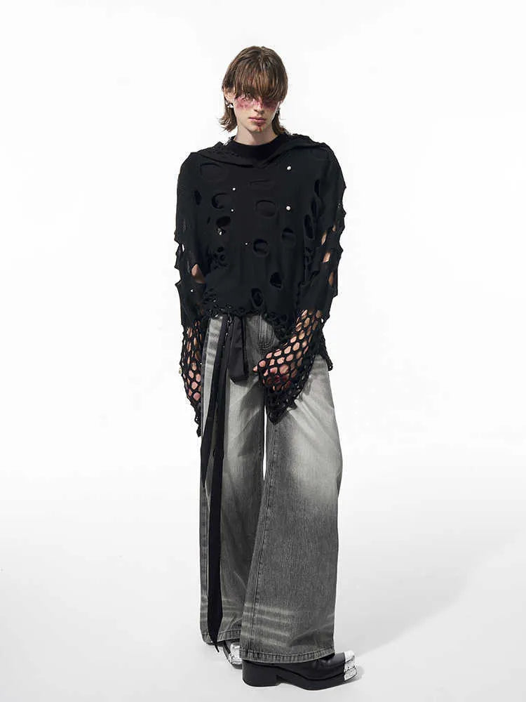 Men's black hollow knit hoodie with pearl decorative elements on hood in loose fit pullover styling