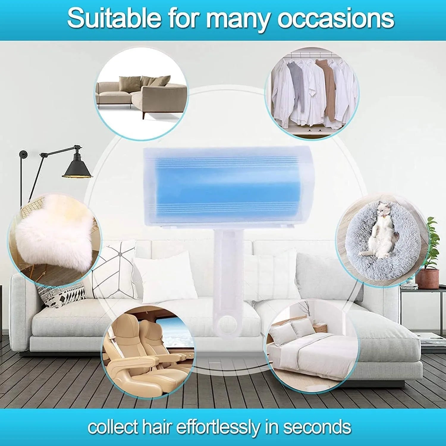 Washable reusable lint roller for pet hair removal with protective cover in multiple colours