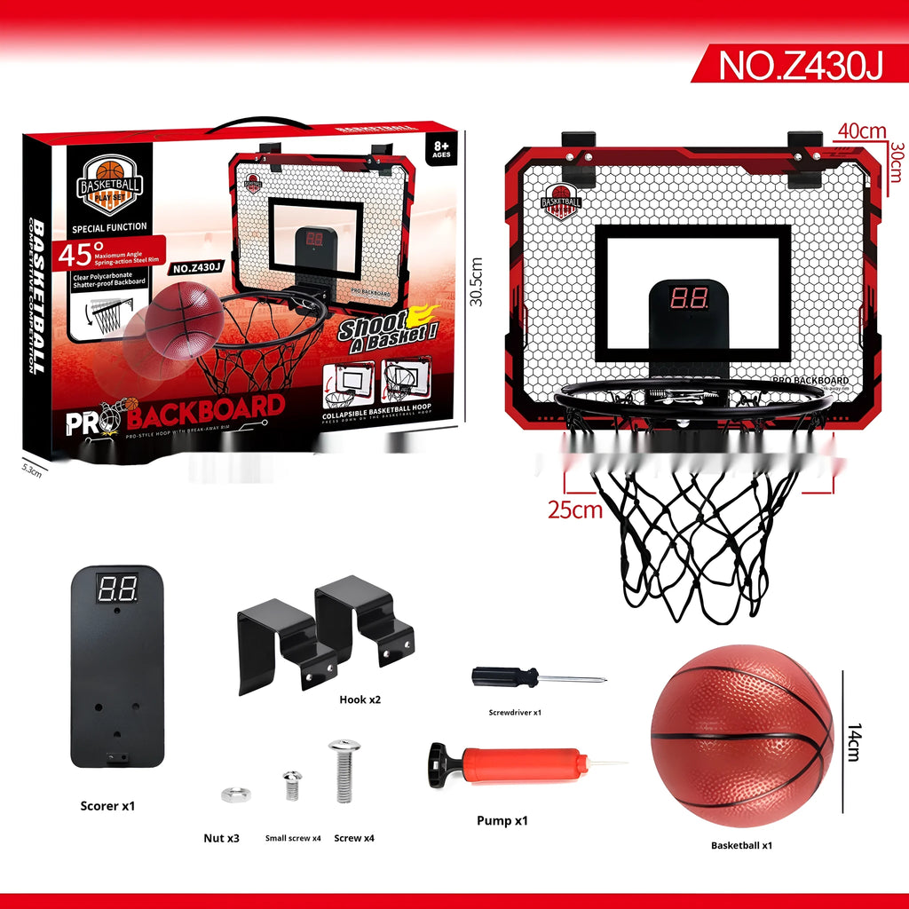 Red and blue folding basketball frame with dunk scoring markings and suction cup mounting system
