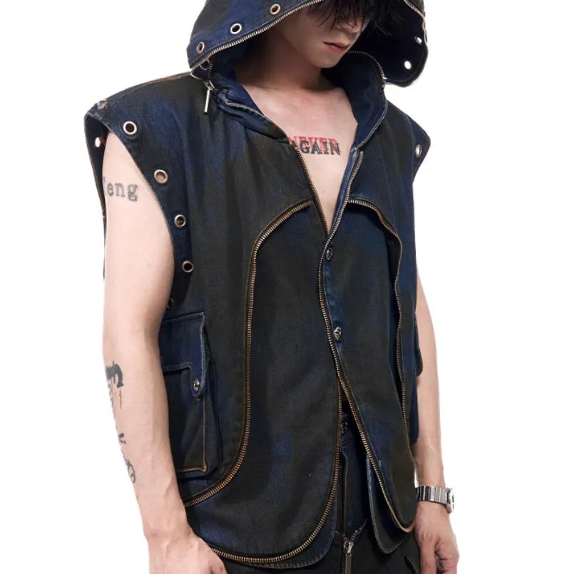 Blue heavy industry style hooded denim vest coat with matching trousers laid flat.
