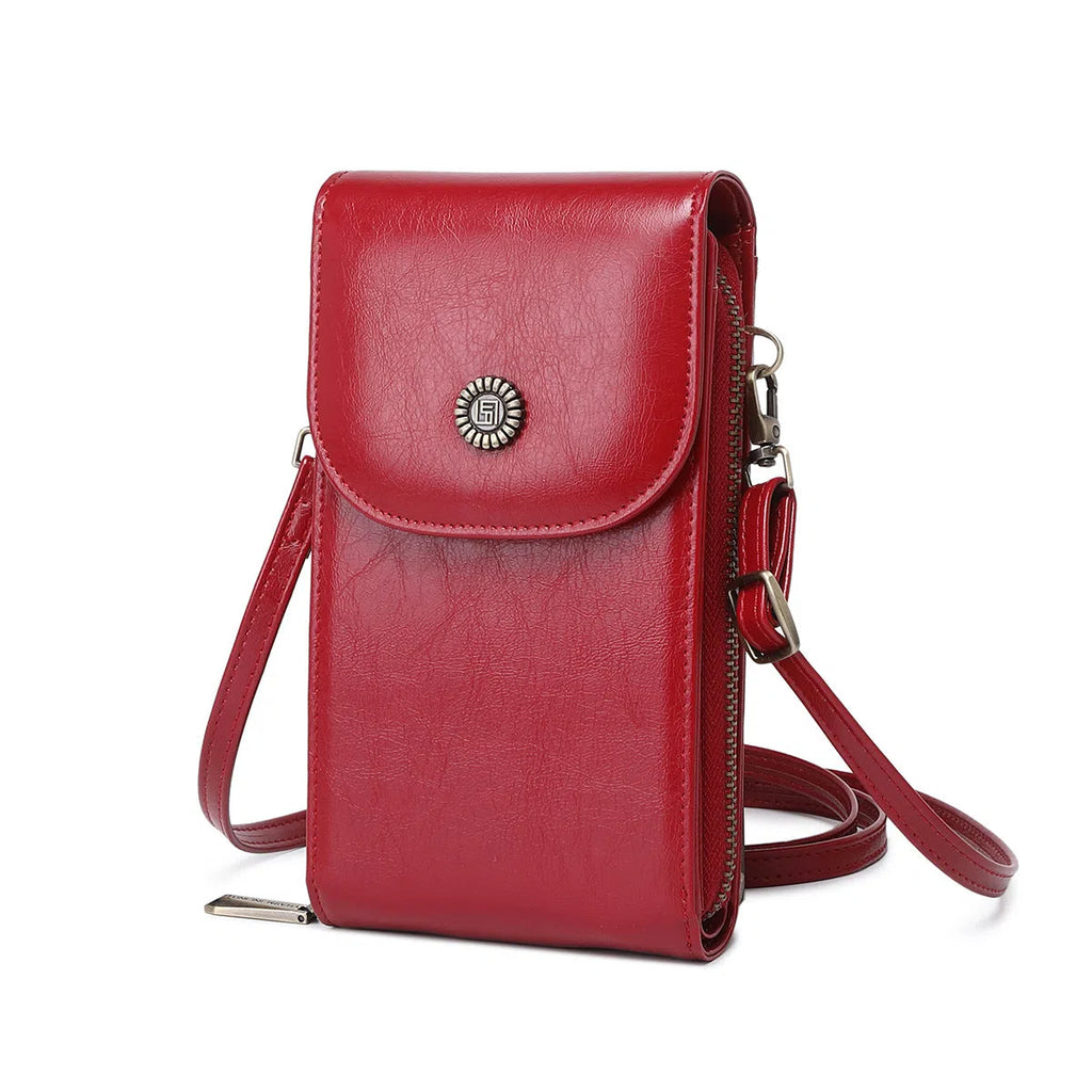 Anti-magnetic phone bag retro wax leather with stitching vertical square shape crossbody strap unisex