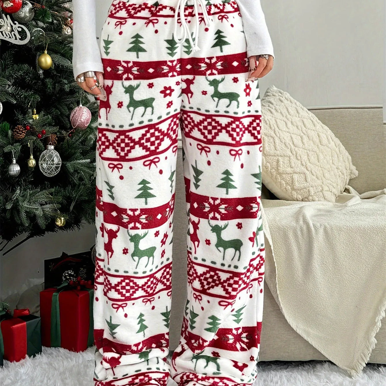 White floral print loose straight trousers for women, polyester fibre, Christmas plush style