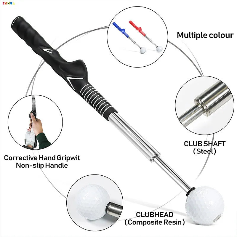 Telescopic golf swing trainer simulator with adjustable stainless steel shaft in choice of colours