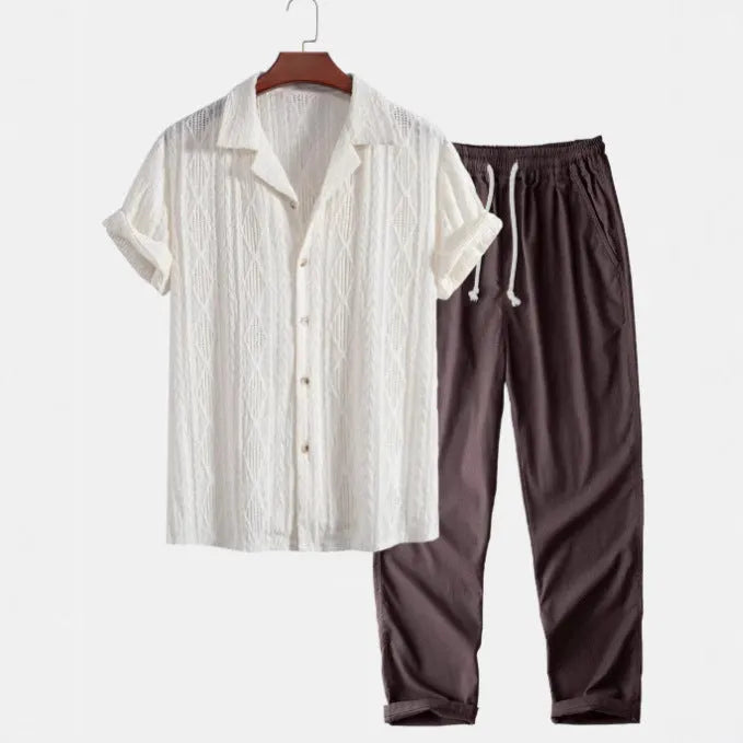 Men's slim fit camouflage print short sleeve cardigan shirt and matching trousers casual set
