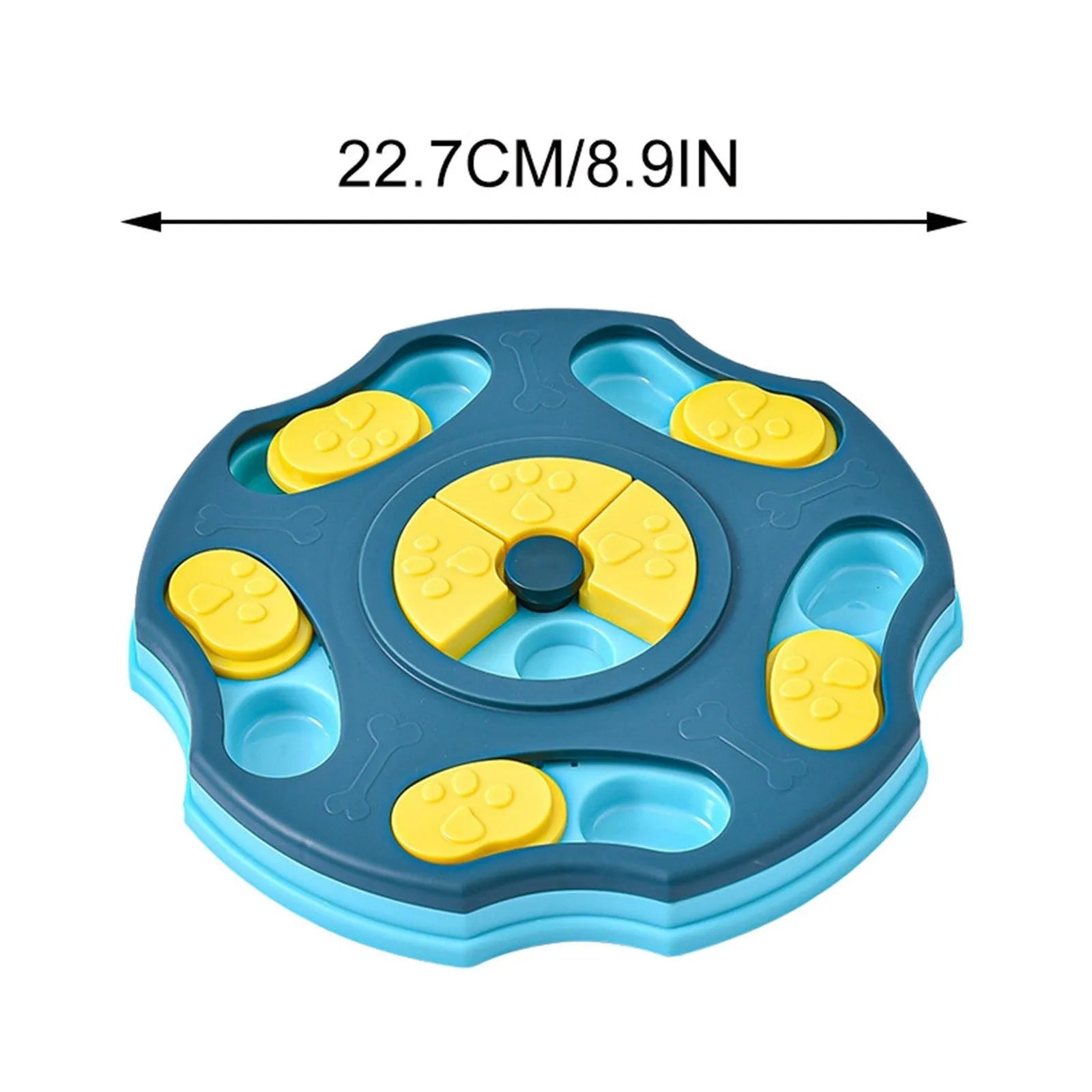 Blue dog puzzle feeder toy with sliding panels for food, measuring 24x24 cm
