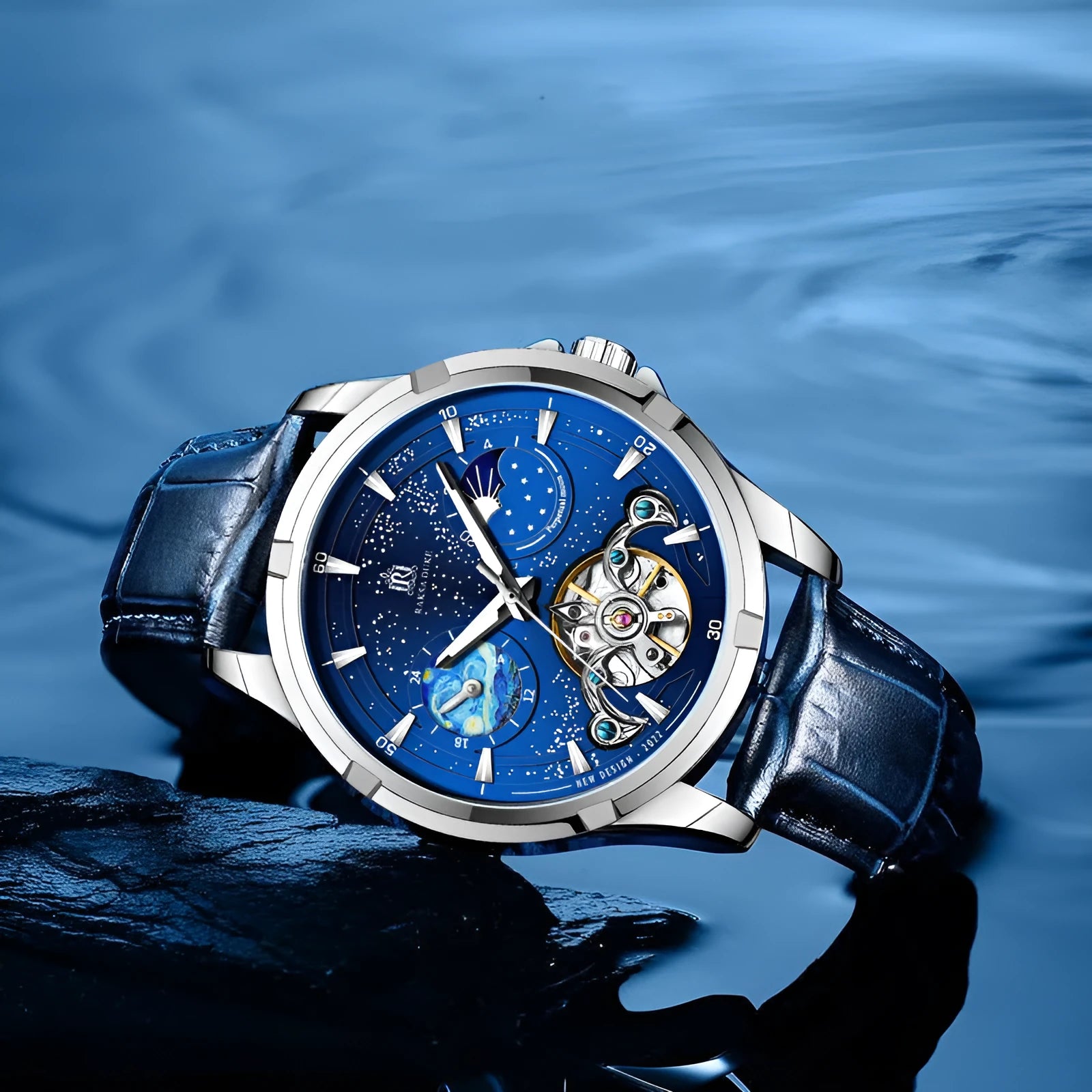 Men's automatic mechanical watch with blue dial and stainless steel bracelet showing exhibition case back