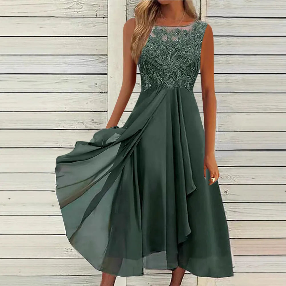 Women's sleeveless chiffon dress with lace hollow-out stitching in green, shown in a princess-style mid-length cut.