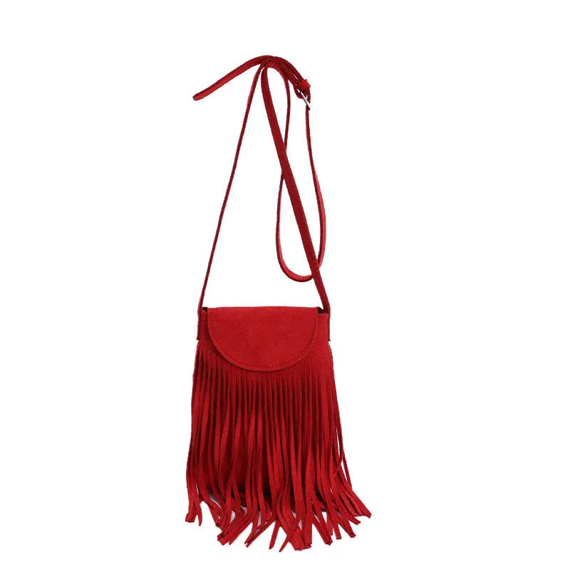 Retro frosted suede mobile phone messenger bag with tassel, available in multiple colours, 13cm length