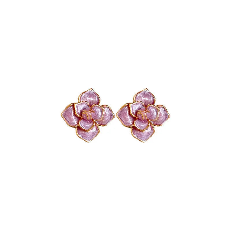 Purple flower stud earrings with gold plating and oil-spot glaze finish on copper construction