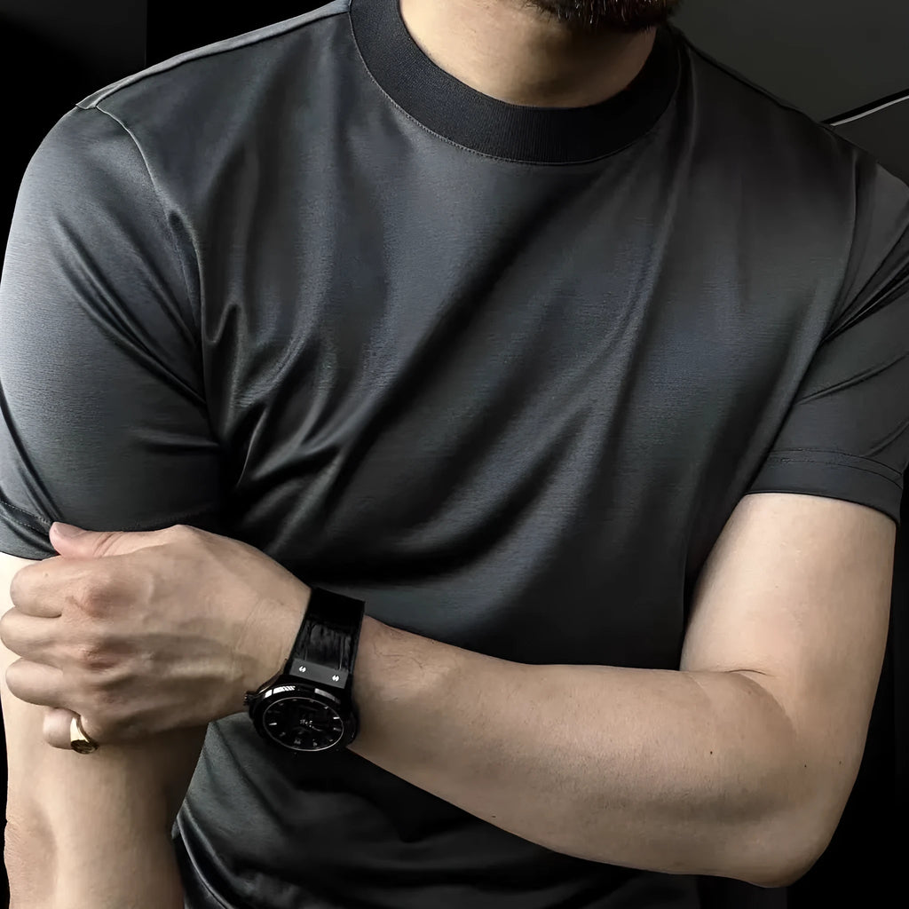 Ice silk soft breathable round neck short sleeve T-shirt in black front view on model