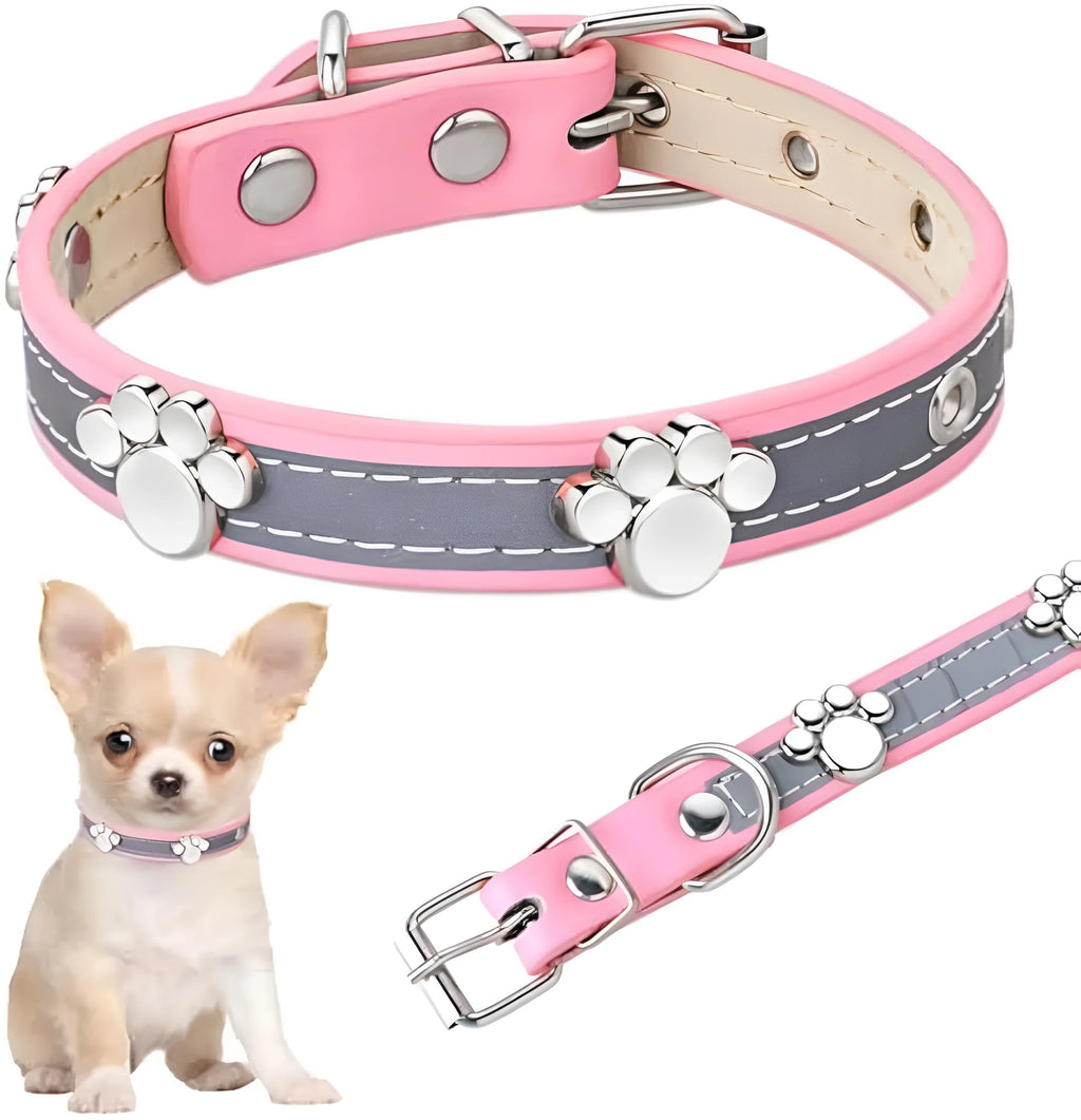 Reflective adjustable dog collar made of brown PU leather with metal paw print rivets and buckle.