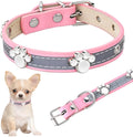 Reflective adjustable dog collar made of brown PU leather with metal paw print rivets and buckle.
