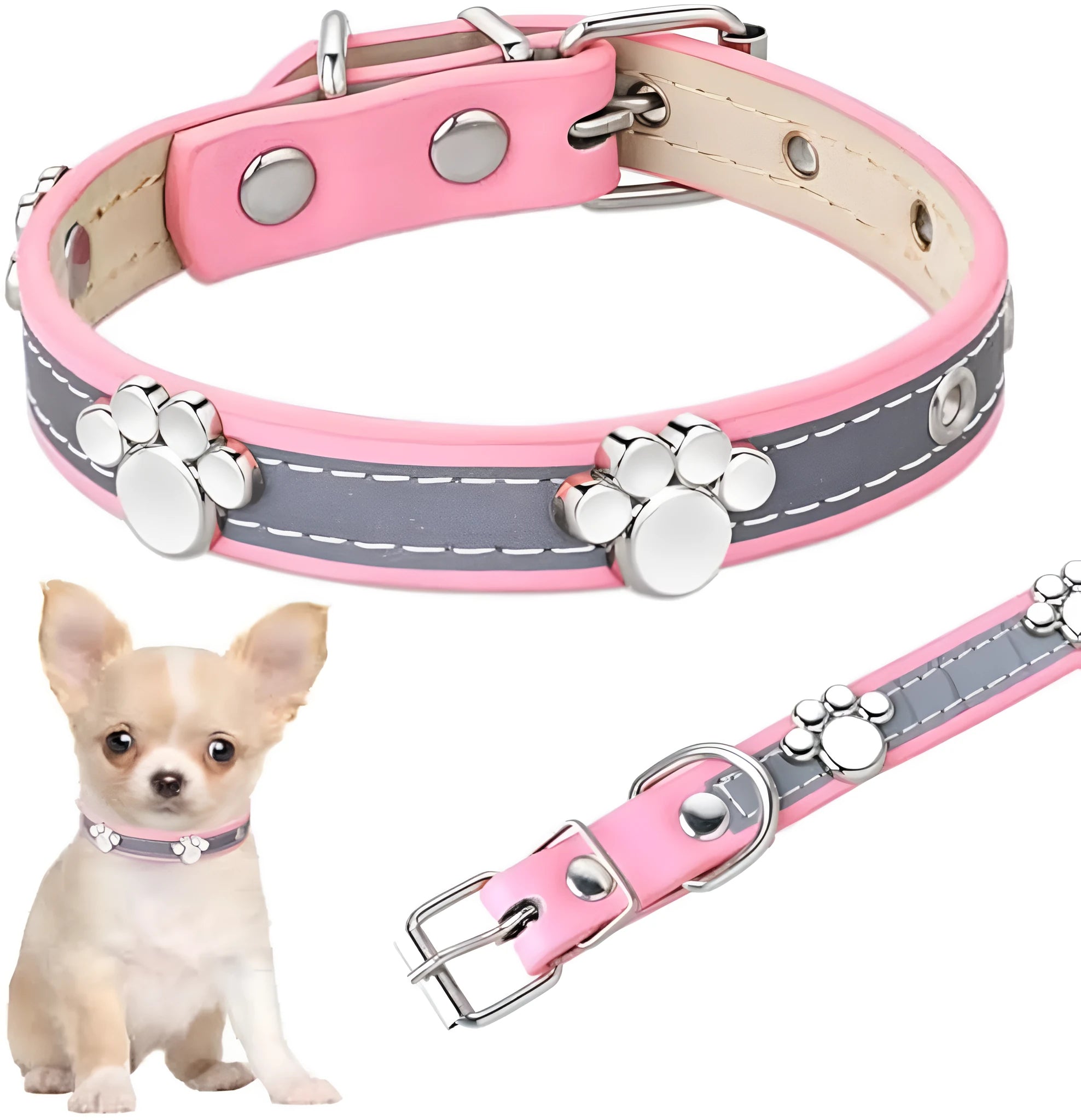 Reflective adjustable dog collar made of brown PU leather with metal paw print rivets and buckle.