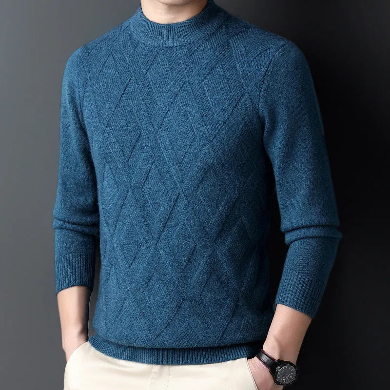 Men's thicken thermal wool diamond jacquard pullover sweater in plus size, shown in light camel colour.