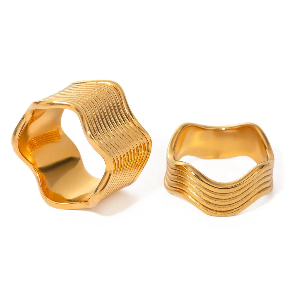 Stainless steel geometric wave ring with wide surface design