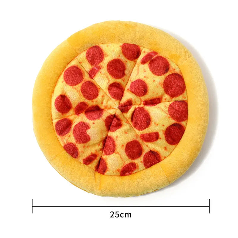 Yellow pizza slice dog chew toy with teddy bear design on top