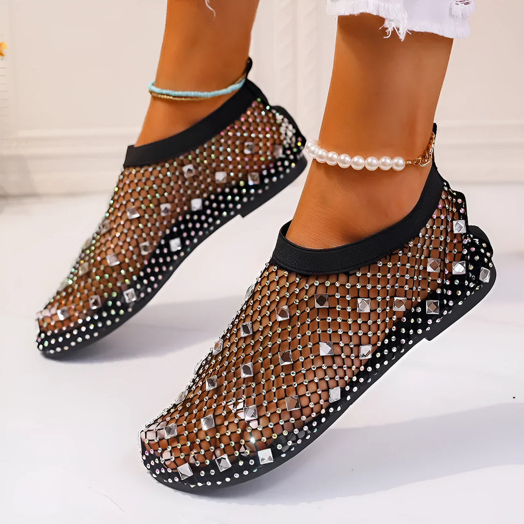 Women's colourful mesh flat sandals with rhinestone decoration and round toe design