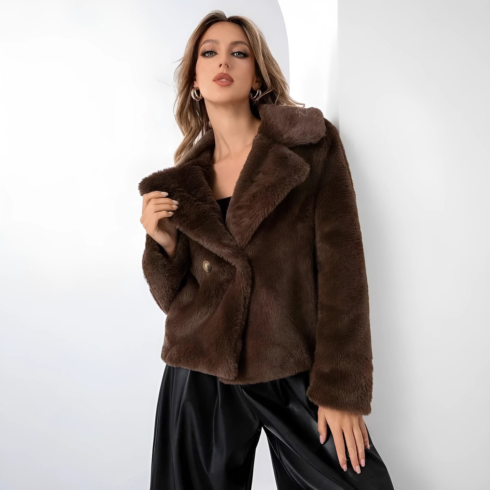 Women's rose red loose short faux fur coat with regular sleeves on a hanger.