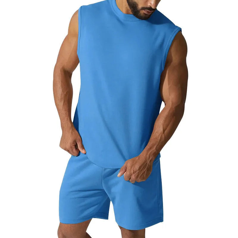 Men's sleeveless cotton blend sports top and shorts set in solid colour