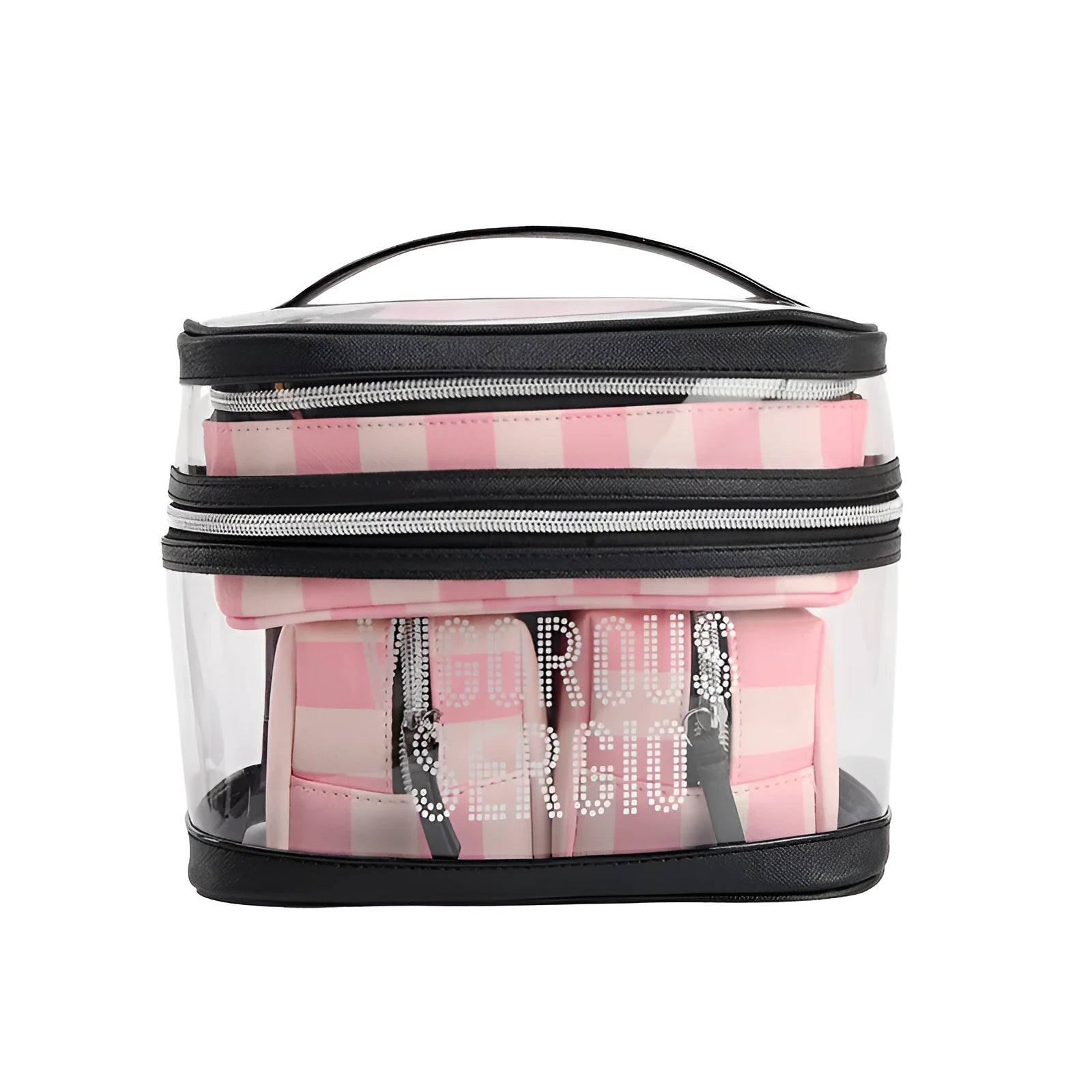 Pink bold stripes floral pattern folding makeup bag with waterproof synthetic leather construction