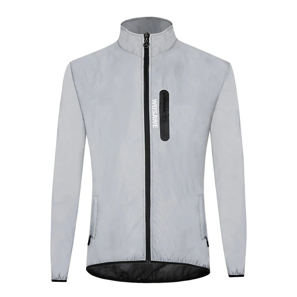 Silver long-sleeved waterproof polyester windproof jacket on a hanger.
