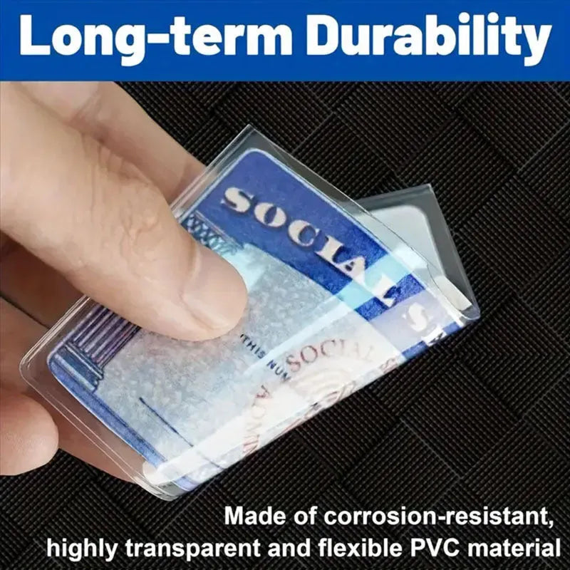 Clear PVC social security card holder showing size next to a card.