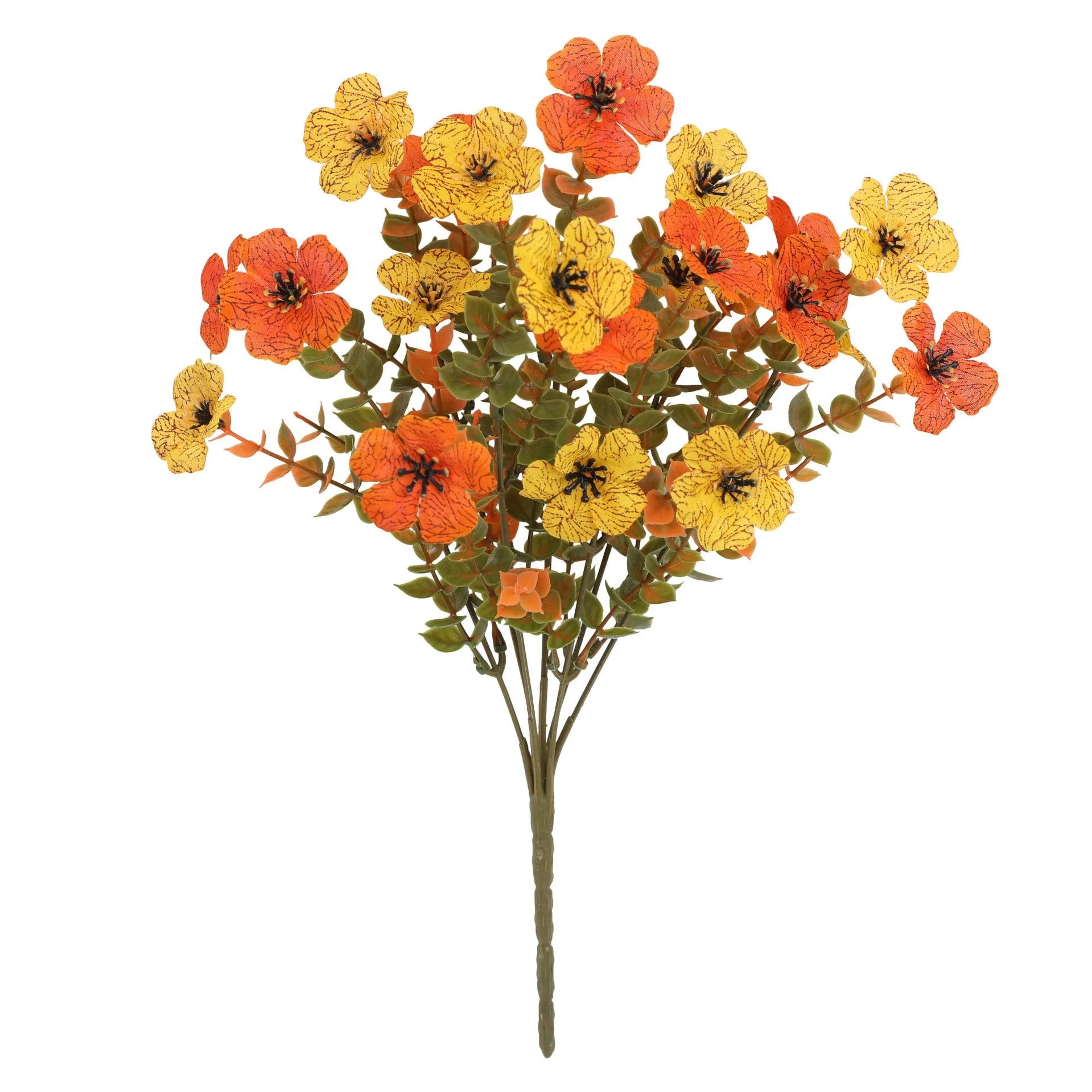 Artificial flower bouquet in autumn orange, yellow, and red colours with detailed plastic and silk construction