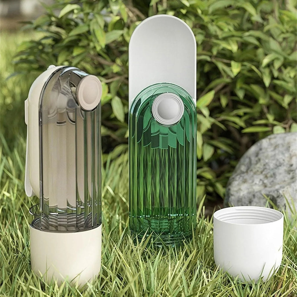 Beige or green foldable dog water bottle with food container, showing large drinking opening and compact size.