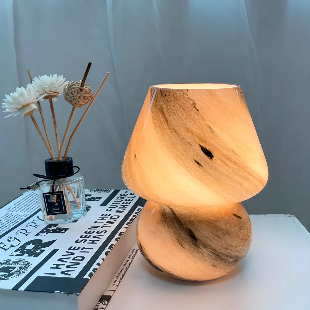 Handmade glass mushroom table lamp in Earth colour with E27 base on bedside table