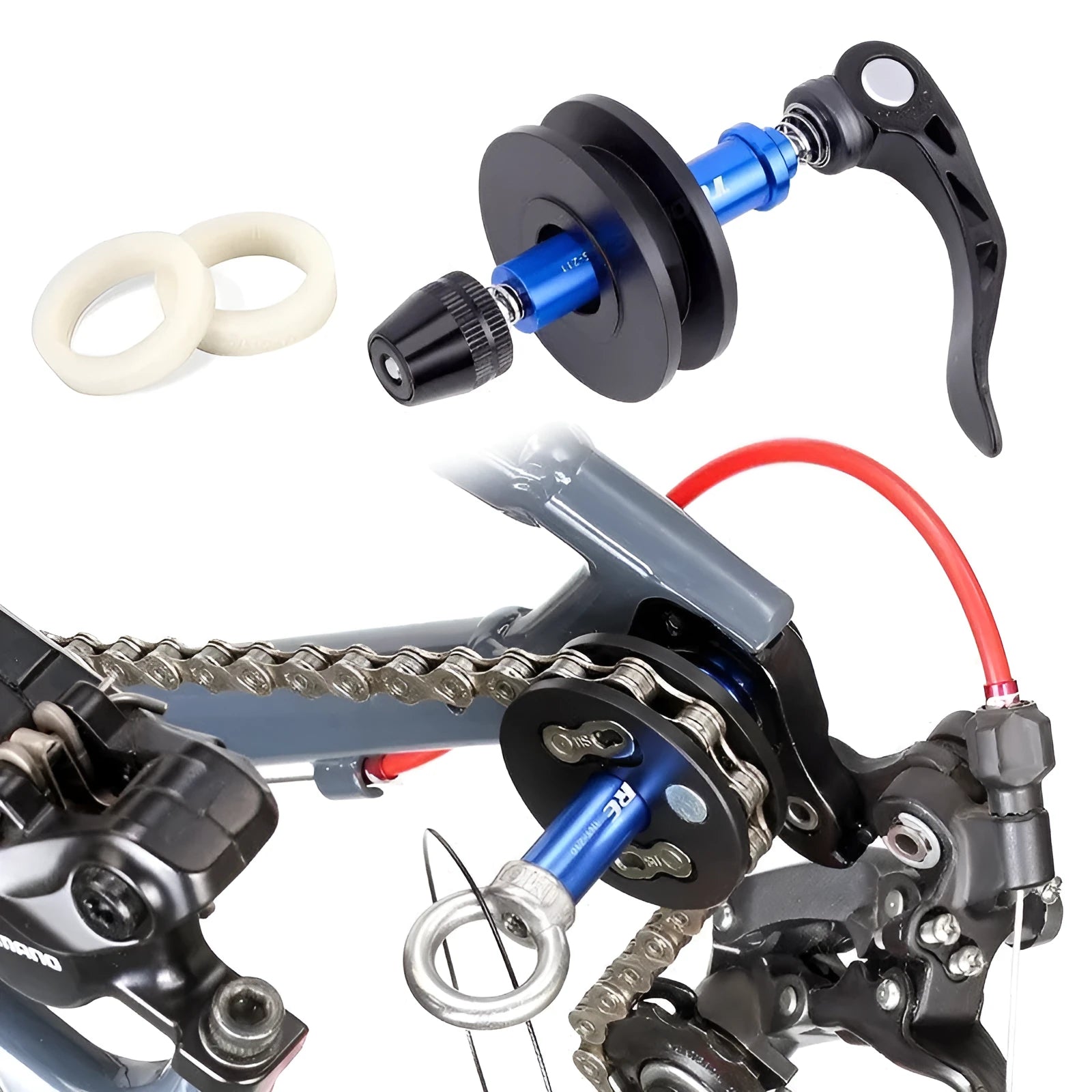 Aluminium bicycle chain holder and tensiometer tool in three versions: barrel shaft, basic, and quick release.