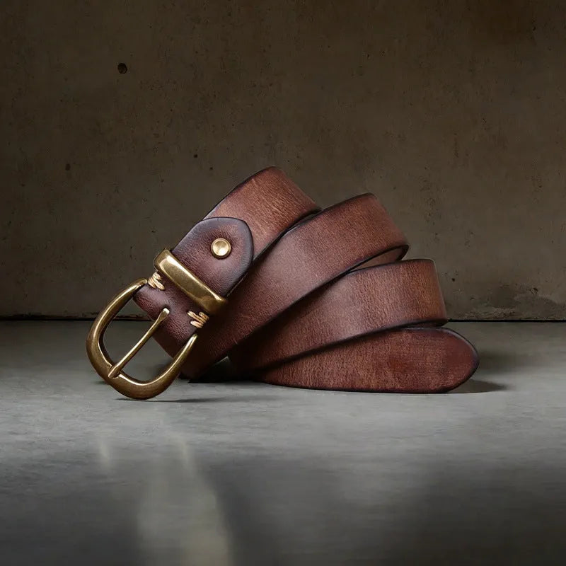 Men's cattlehide leather casual belt with copper buckle in black, brown and khaki colours