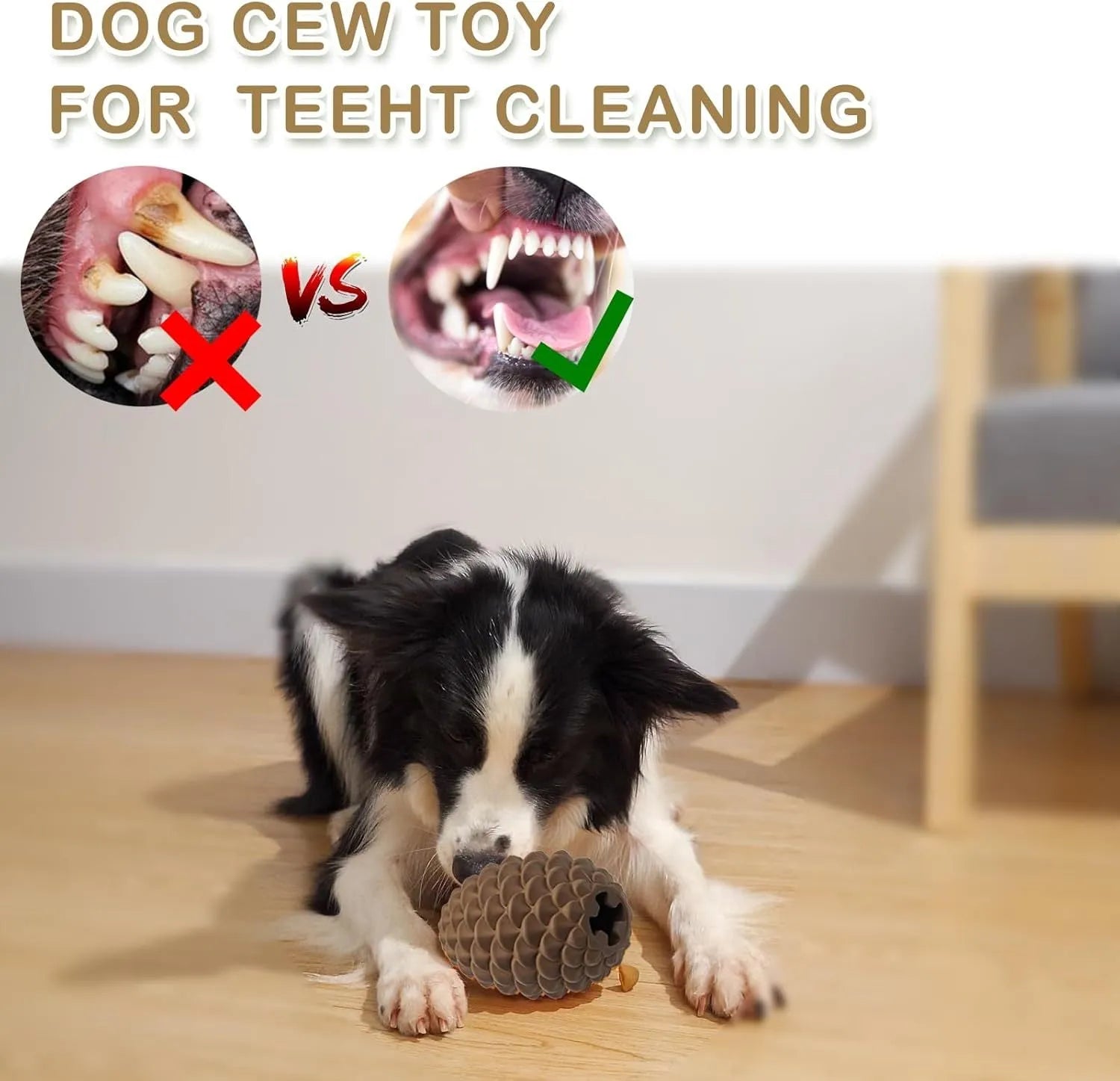 Yellow pine cone-shaped natural rubber dog toy with treat dispenser hole.