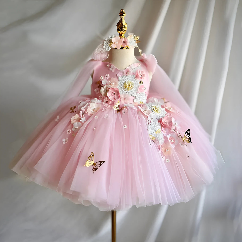 Children's mesh sleeveless vest host dress in pink with animal and flower pattern, princess style, cotton lining