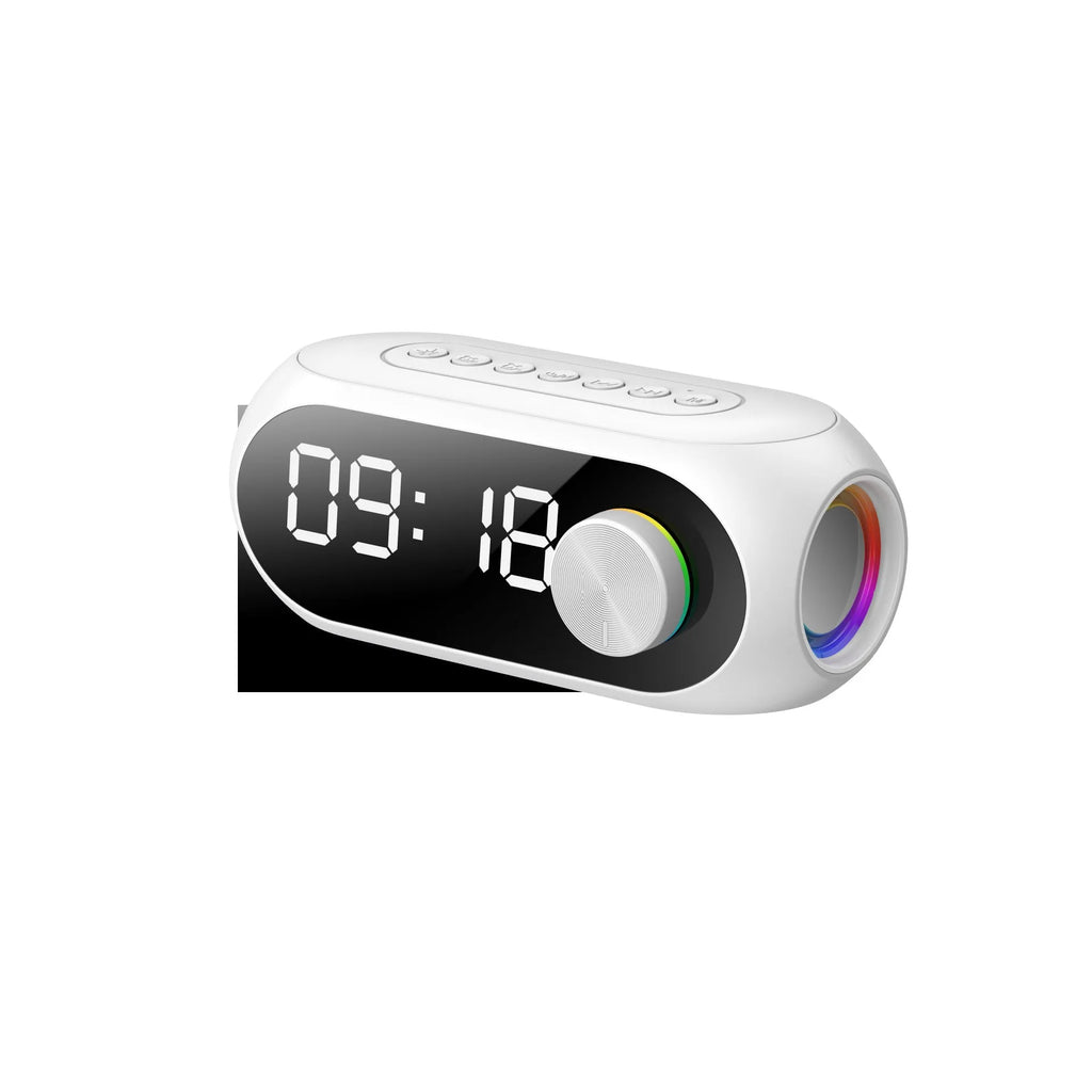S8 black mini portable clock speaker with extra bass and USB charging cable