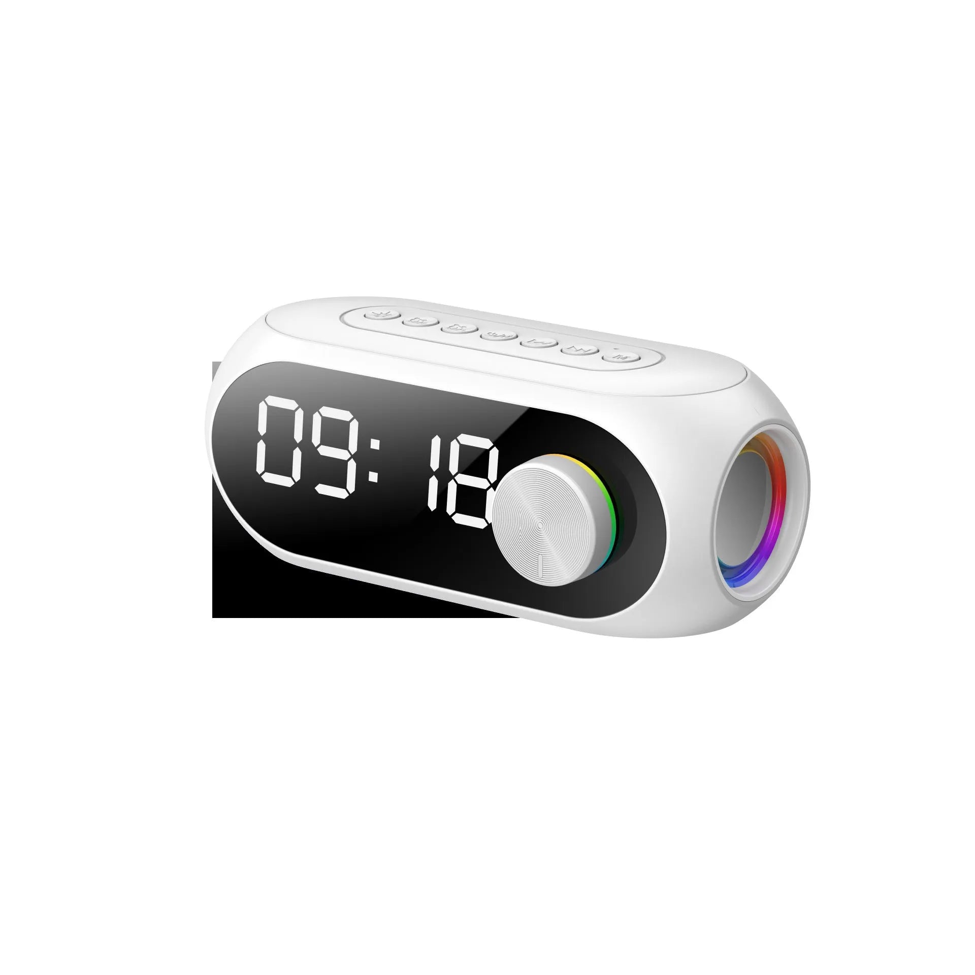 S8 black mini portable clock speaker with extra bass and USB charging cable