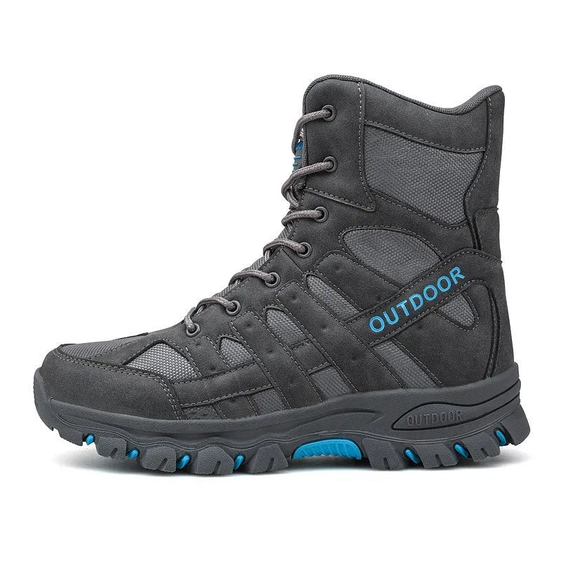 Men's tactical high-top boots in black with wear-resistant rubber outsole, suitable for outdoor mountaineering and field use