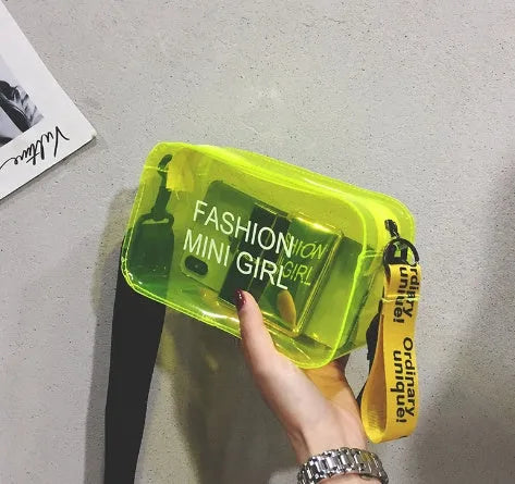 Transparent square jelly women's shoulder bag with an adjustable long strap, shown in multiple colours.