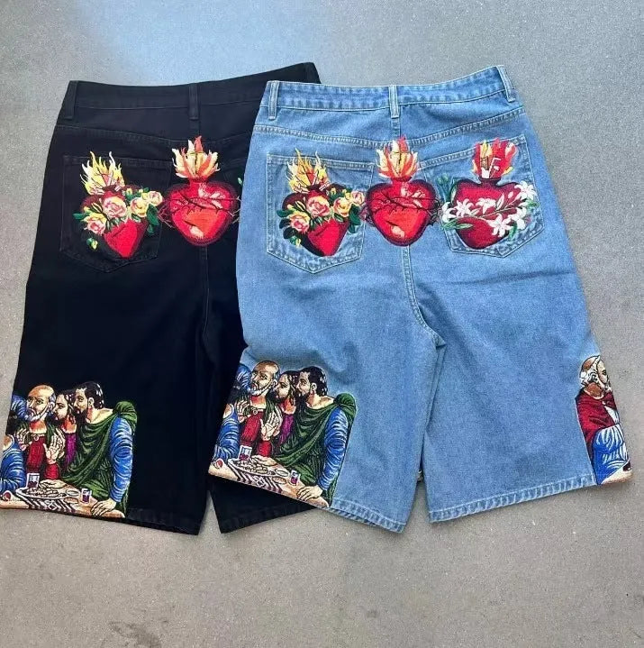 Men's tapered cotton shorts with Jesus print on back pocket in blue or black colours