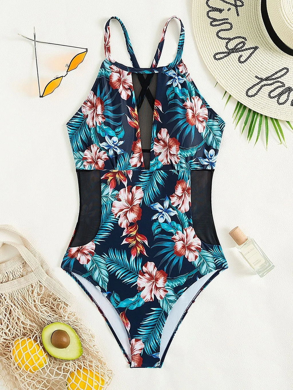 Women's deep V-neck one-piece swimsuit with printed pattern and polyester lining