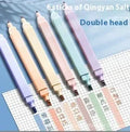 A pack of double-headed fluorescent marker pens showing their two distinct tips, available in mixed colours or themed sets.